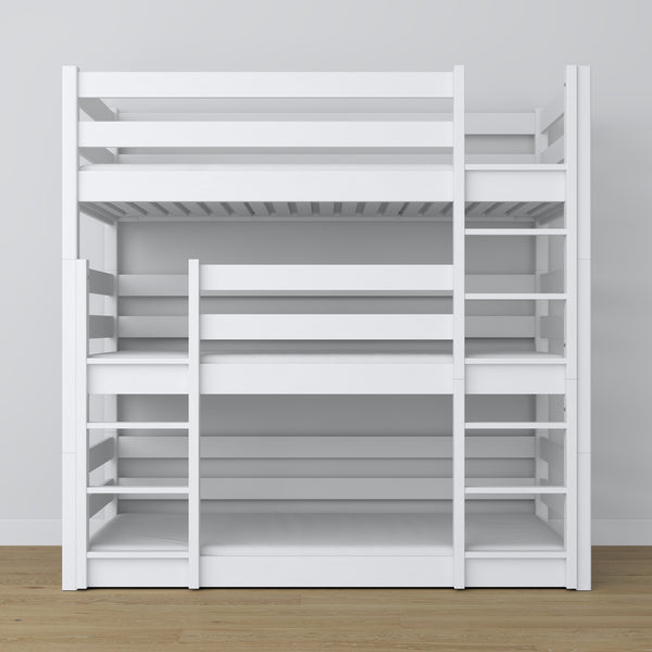 Triple bunk bed white – ladder and safety rails, wooden