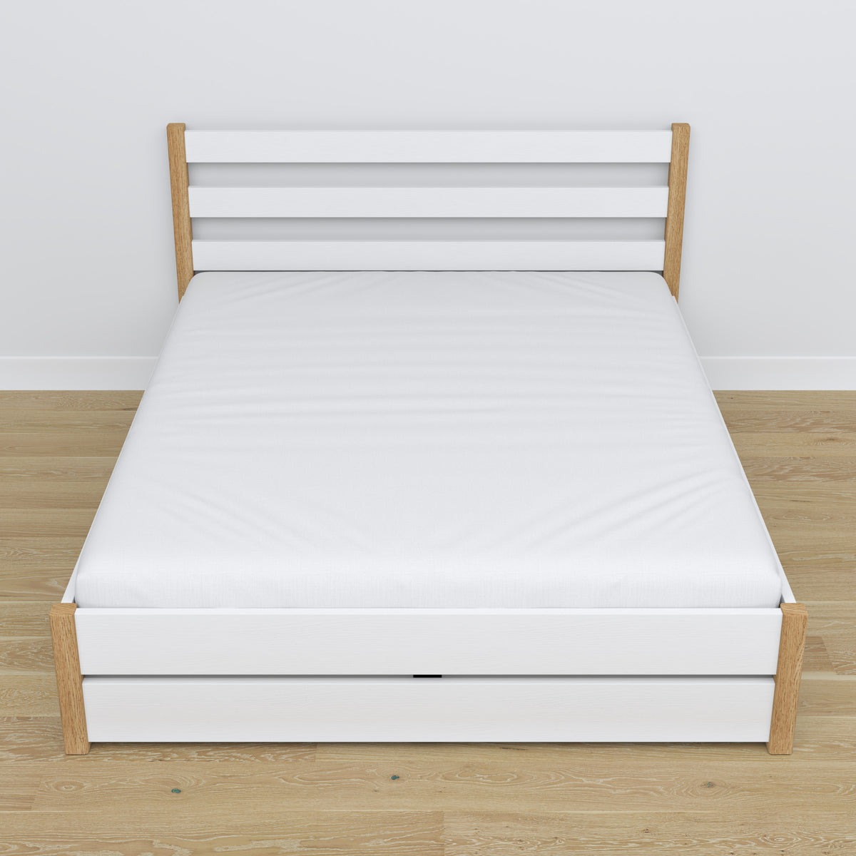 Letto matrimoniale con cassetto in legno bianco con quercia – vista diagonale, camera da letto scandi