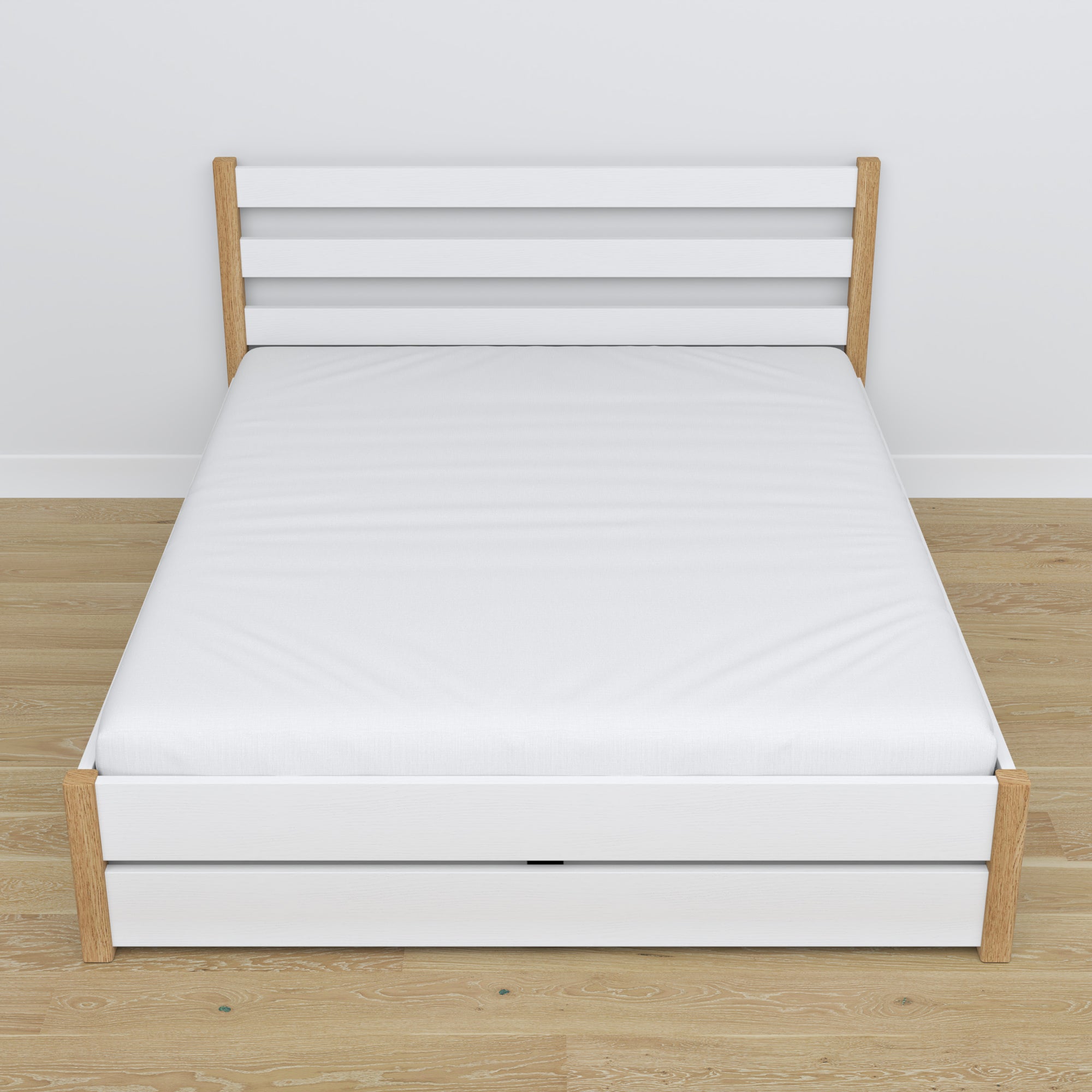 Letto matrimoniale con cassetto in legno bianco con quercia – vista diagonale, camera da letto scandi