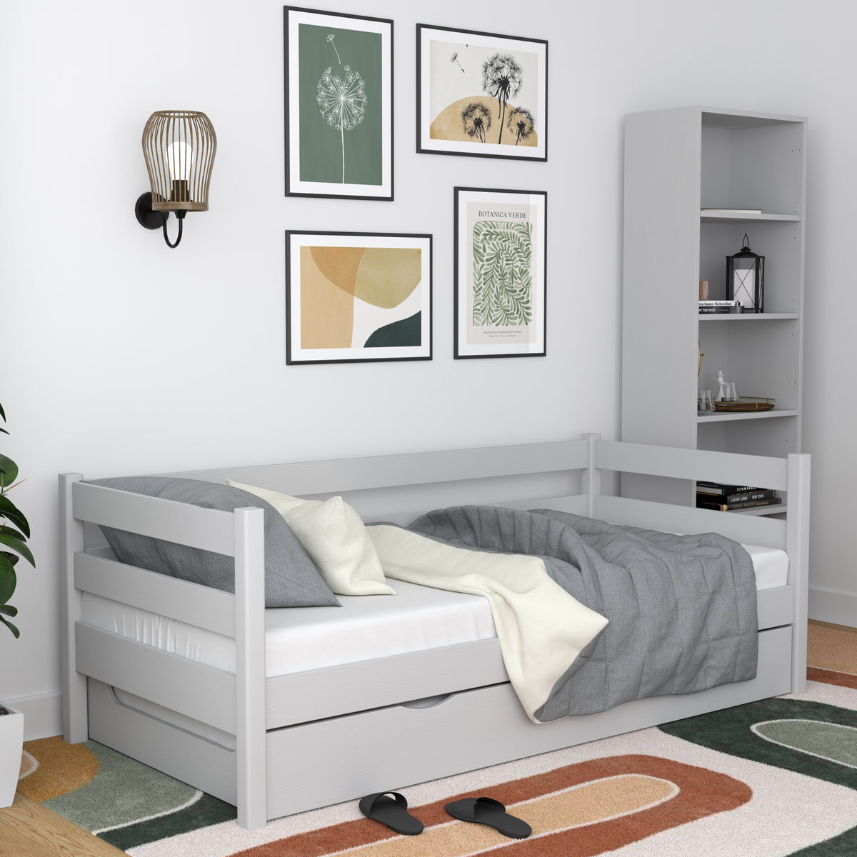 Łóżko sofa popielaty z szufladą na materac – drewniane, Nizio Home
