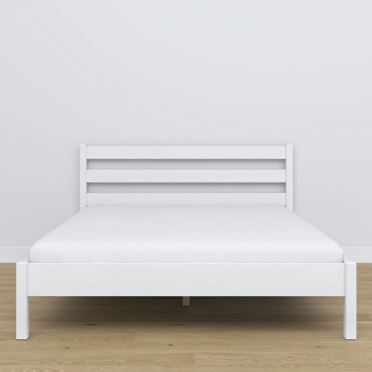 Letto matrimoniale in legno bianco – vista laterale, proporzioni e volume del mobile del mobile, camera da letto
