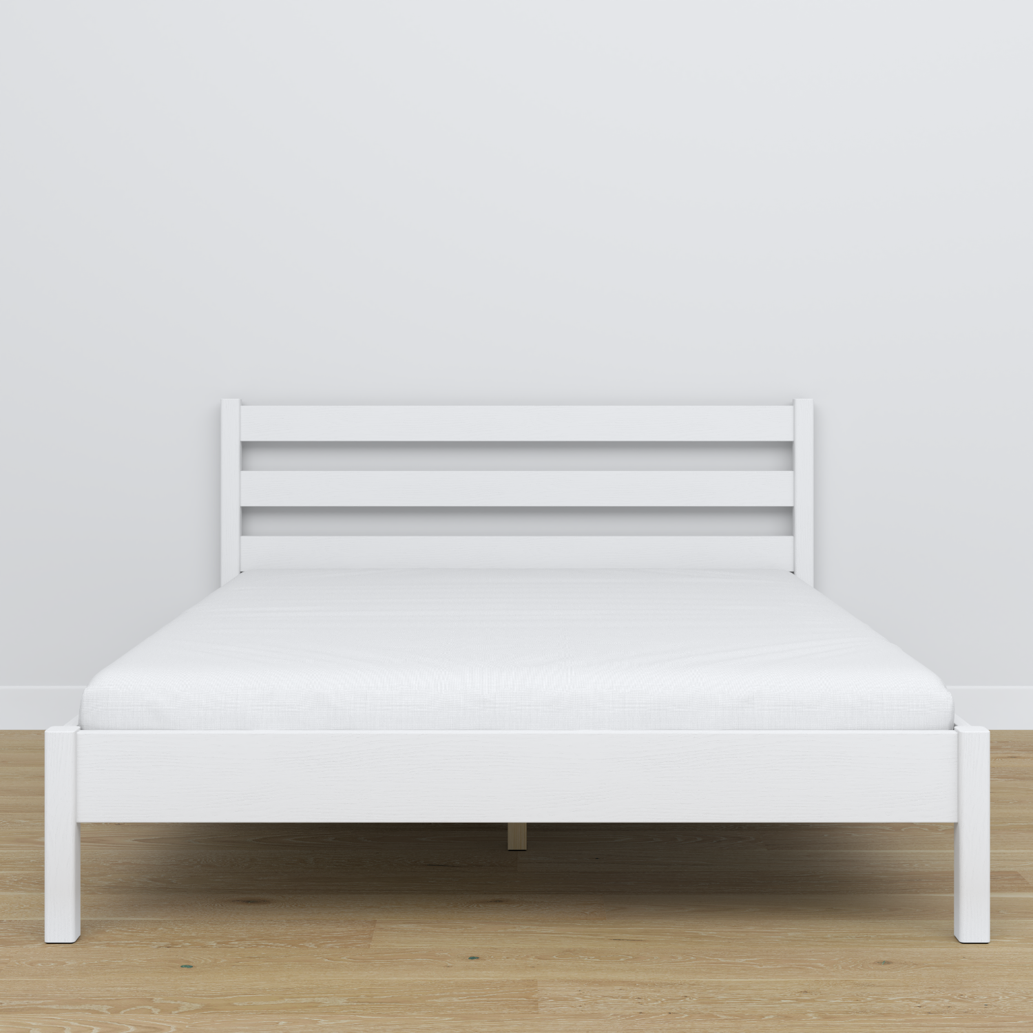 Letto matrimoniale in legno bianco – vista laterale, proporzioni e volume del mobile del mobile, camera da letto
