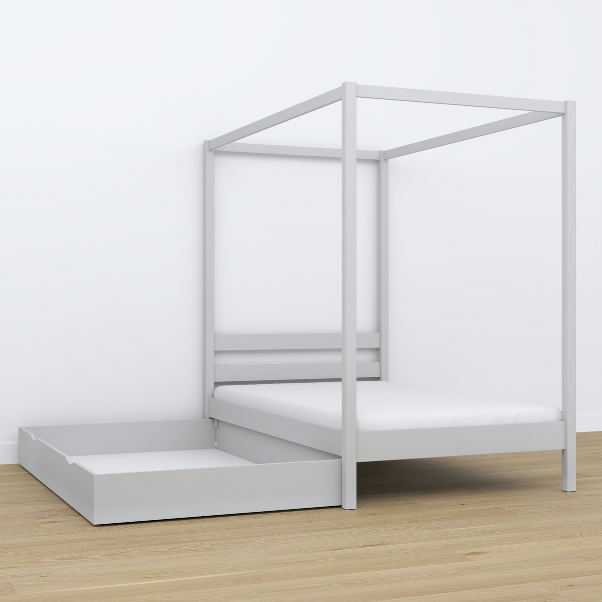 Wooden grey canopy bed in a child’s room – scandi arrangement