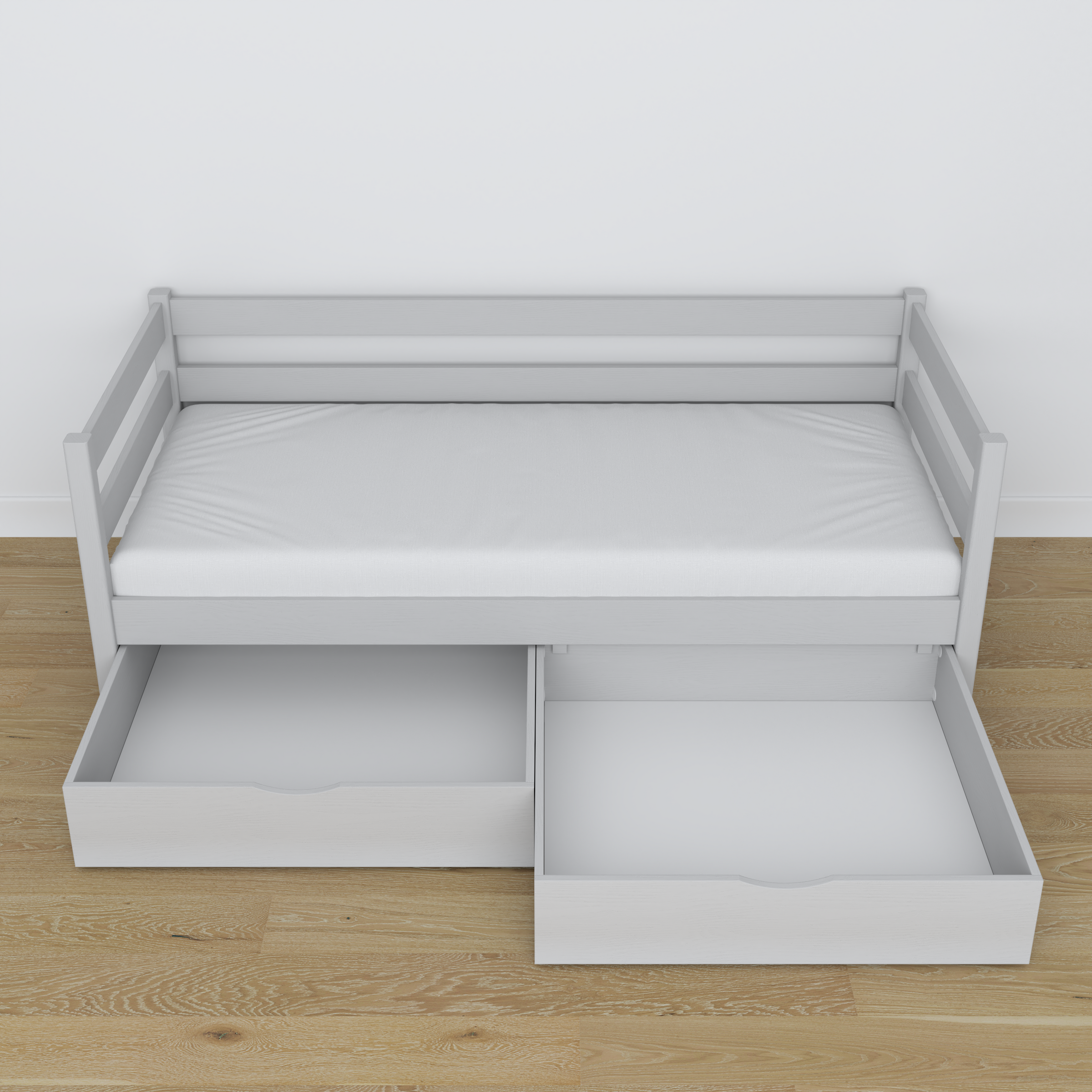 Łóżko sofa drewniane popielaty – widok ukośny, scandi