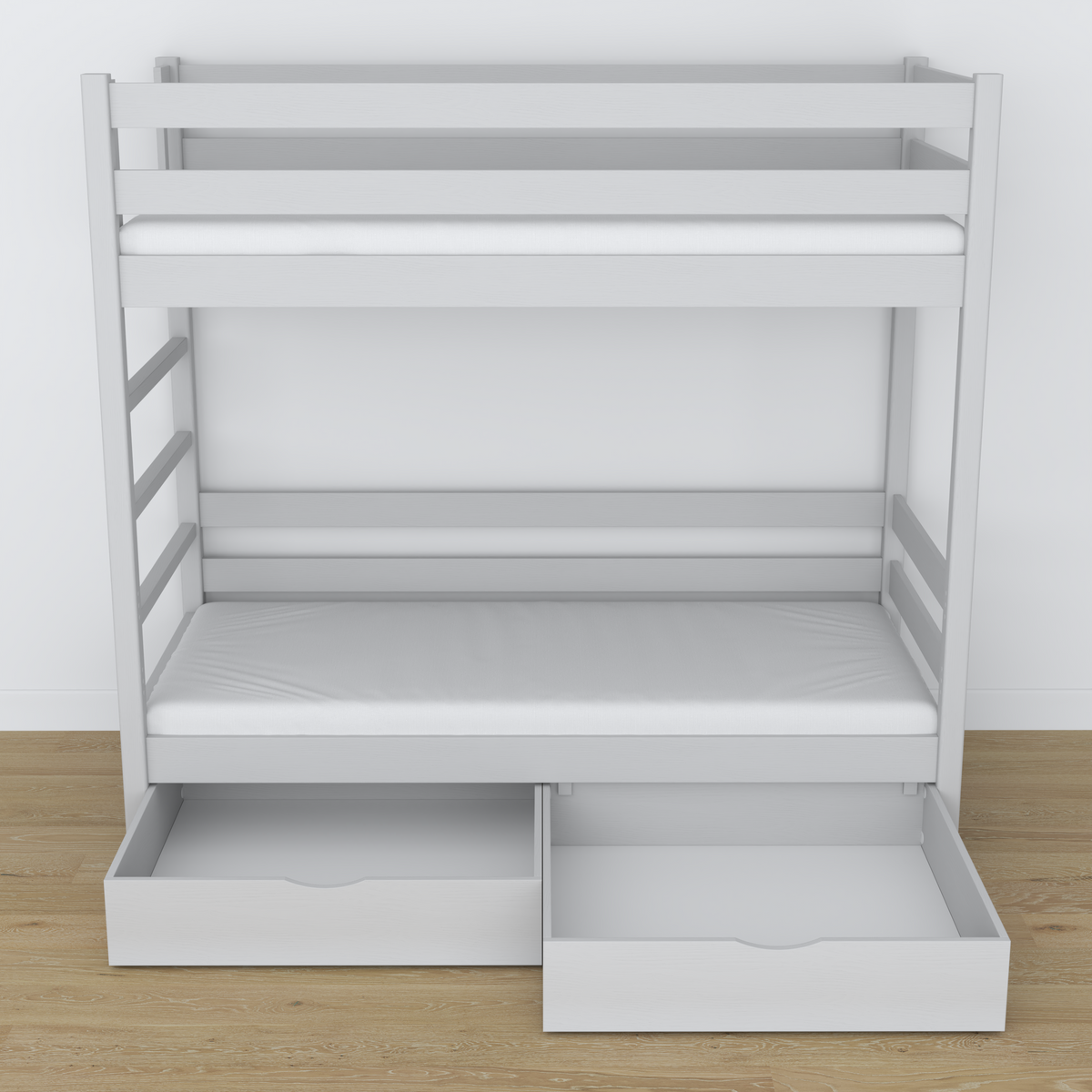 Grey Wooden Bunk Bed with Drawer – Scandi Children’s Room Arrangement
