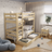 Letto a castello in legno pino trasparente – cassetto aperto, capiente vano sotto letto