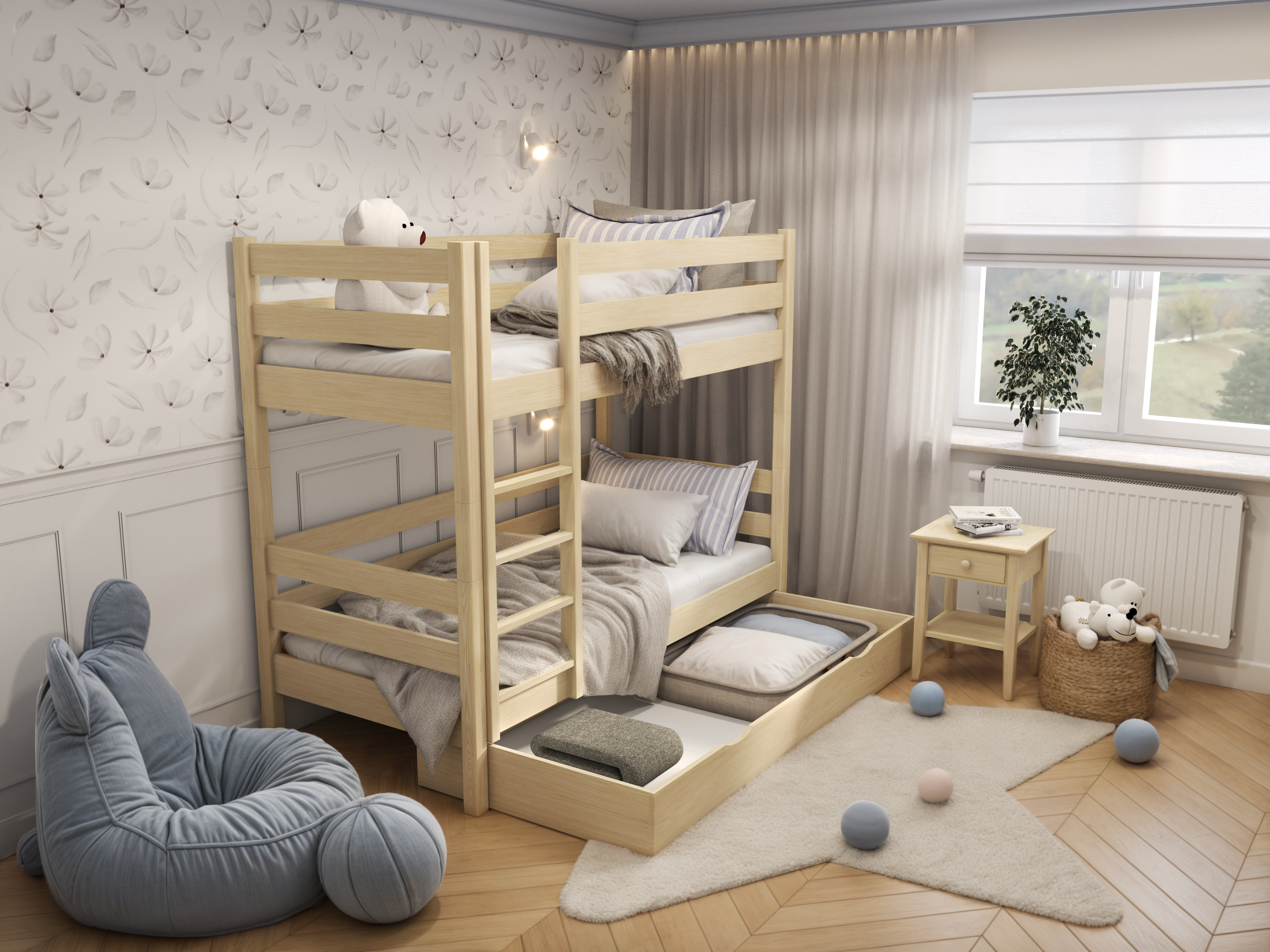 Letto a castello in legno pino trasparente – cassetto aperto, capiente vano sotto letto