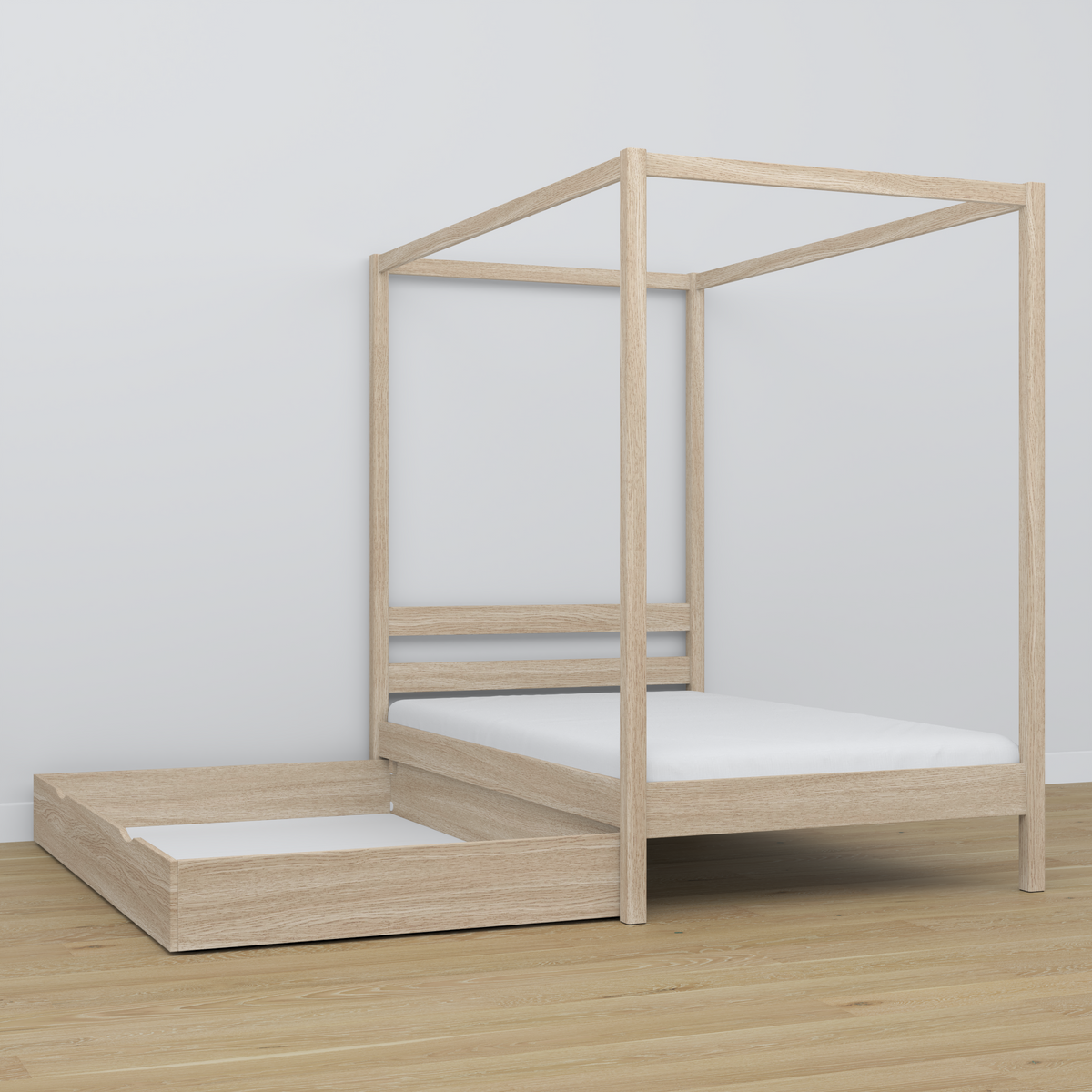 Letto con baldacchino in rovere sbiancata in nella cameretta dei bambini – allestimento scandi