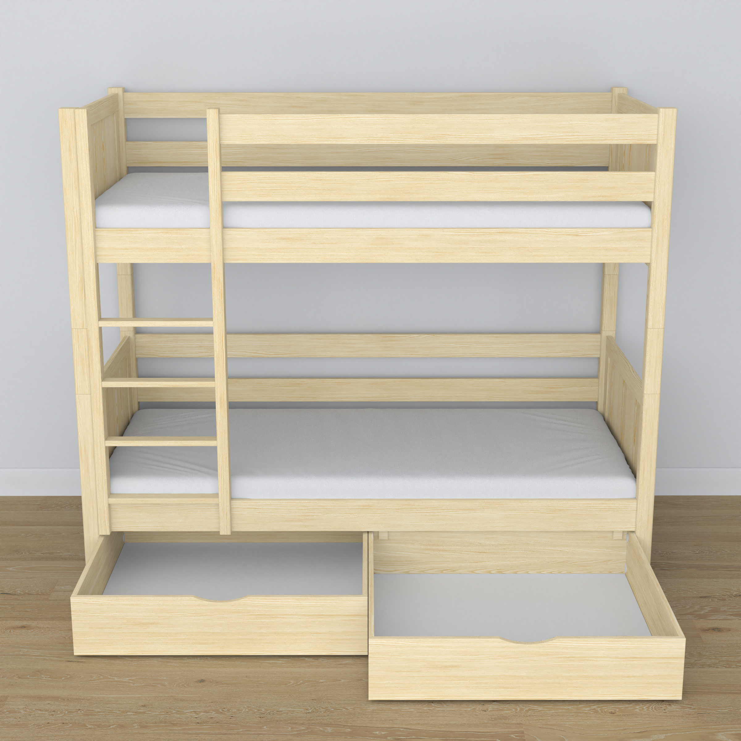 Letto a castello pino trasparente – struttura in legno con doghe, vista laterale