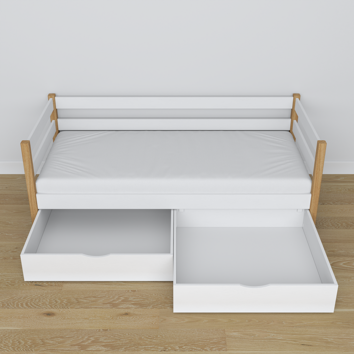 Łóżko sofa drewniane biało-dębowy – widok ukośny, scandi