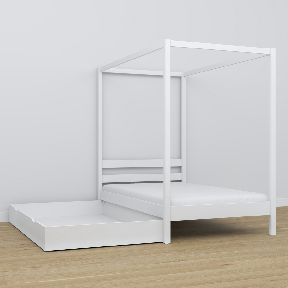 Letto bianco con baldacchino – dettaglio in legno e giunzioni, Nizio Home