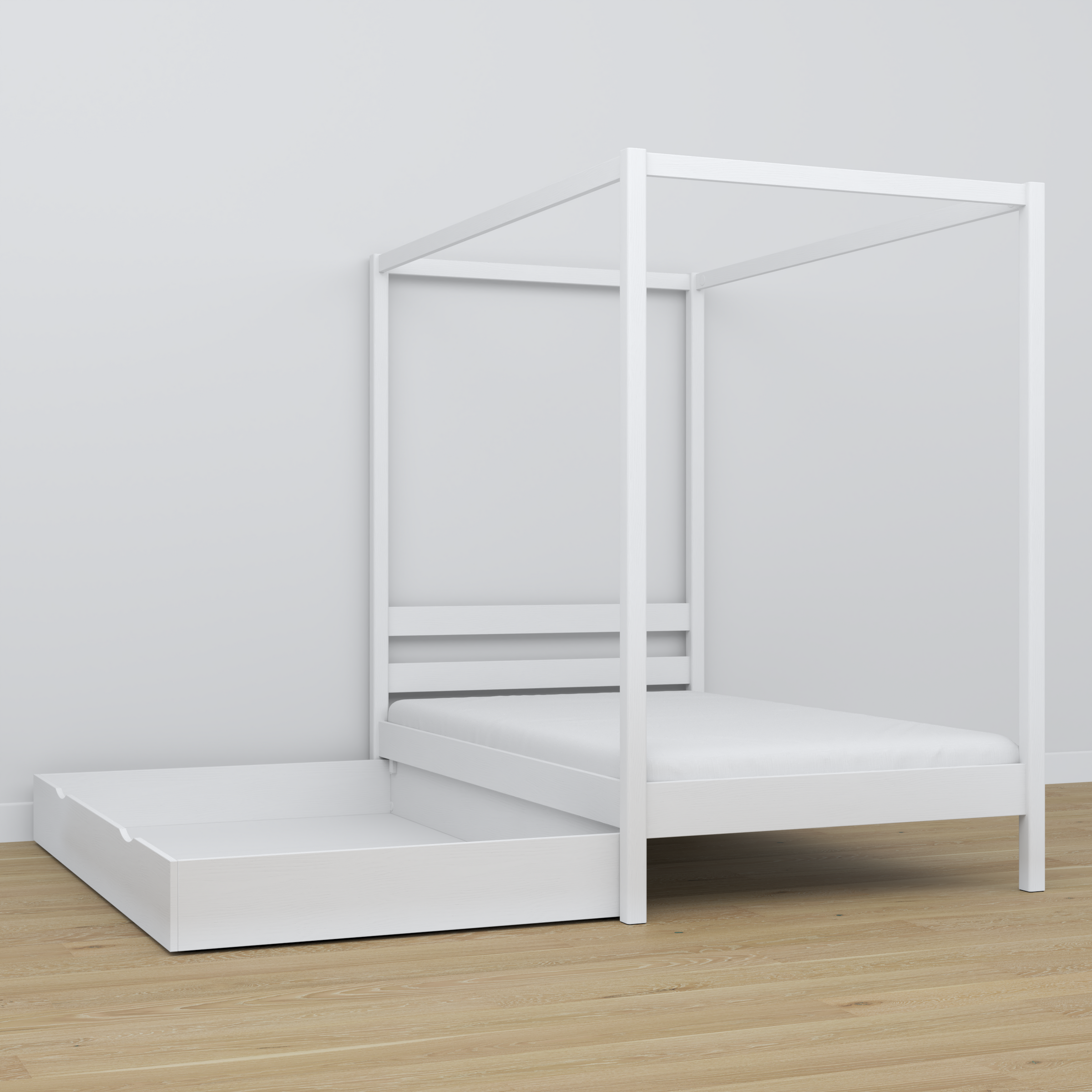 Letto bianco con baldacchino – dettaglio in legno e giunzioni, Nizio Home