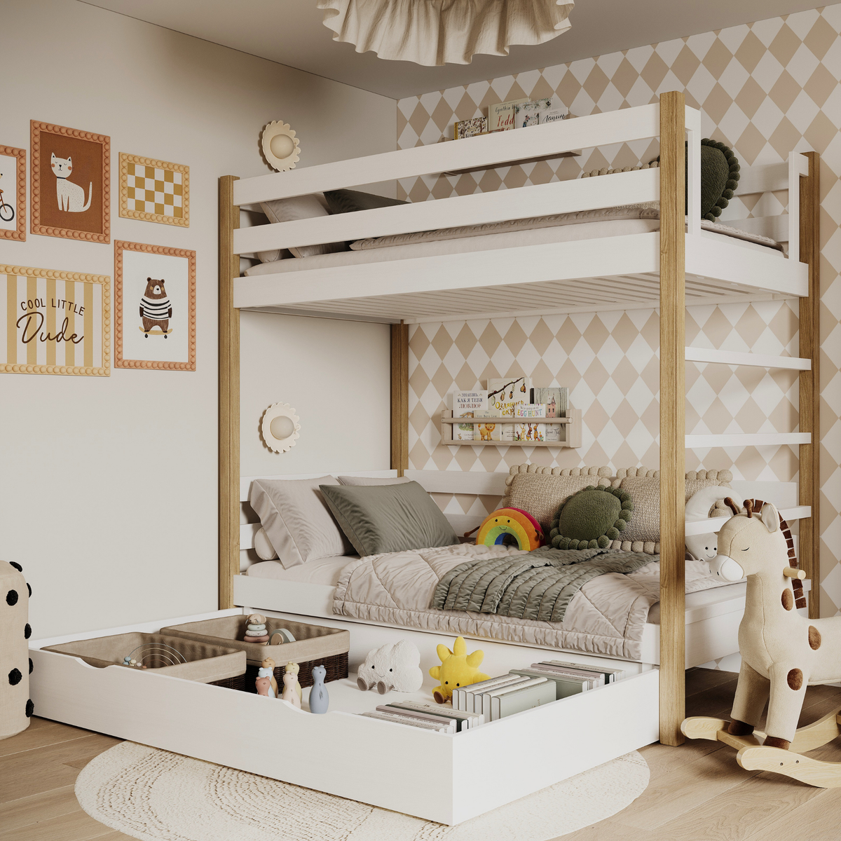 Letto a castello bianco-quercia con cassetto – sponda e scala in legno, Nizio
