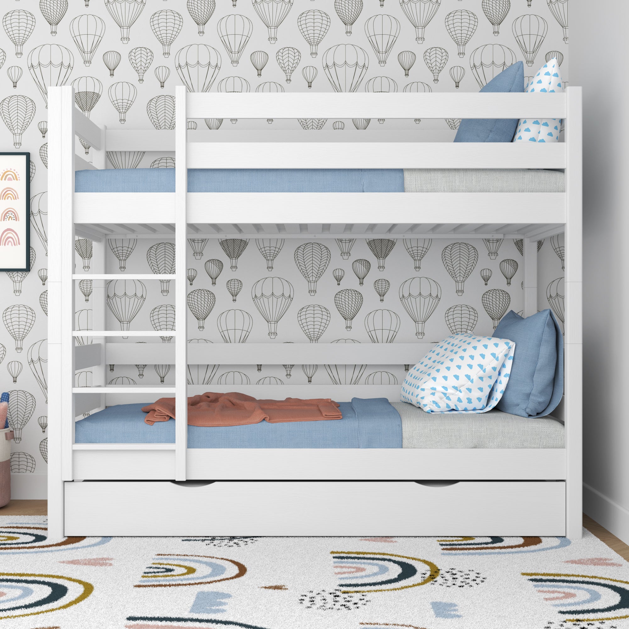 White Bunk Bed with Mattress Drawer – Safety Rail, Wooden, Nizio Home