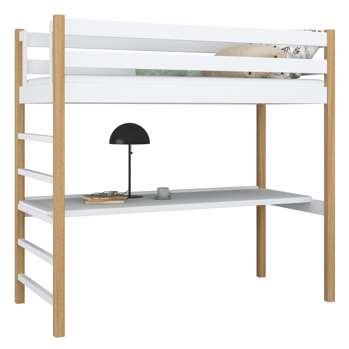 Letto a soppalco con scrivania in legno bianco-quercia – stanza per bambini, scandi Nizio