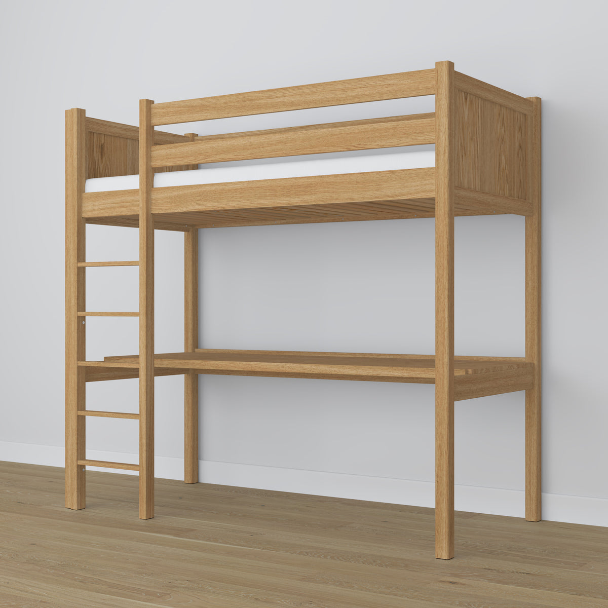 Loft bed natural oak – oak desk under the sleeping area, scandi children’s room