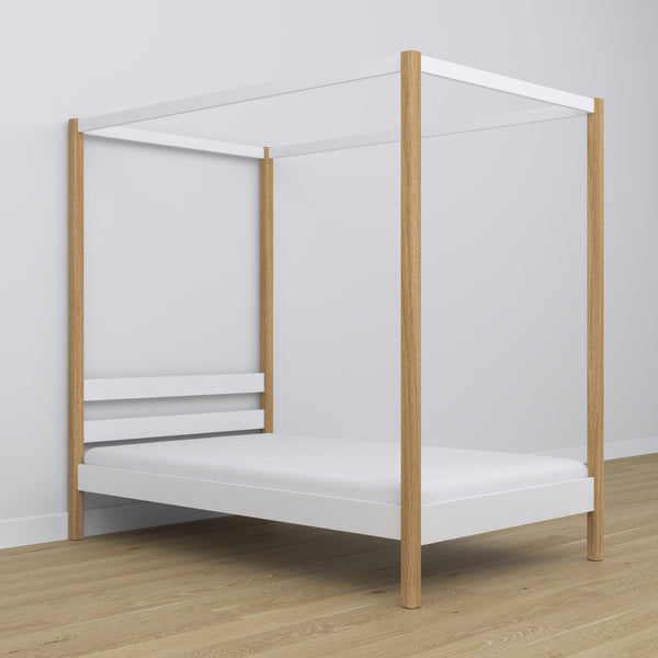 Bed white/oak canopy bed – decorative wooden frame, safe for children