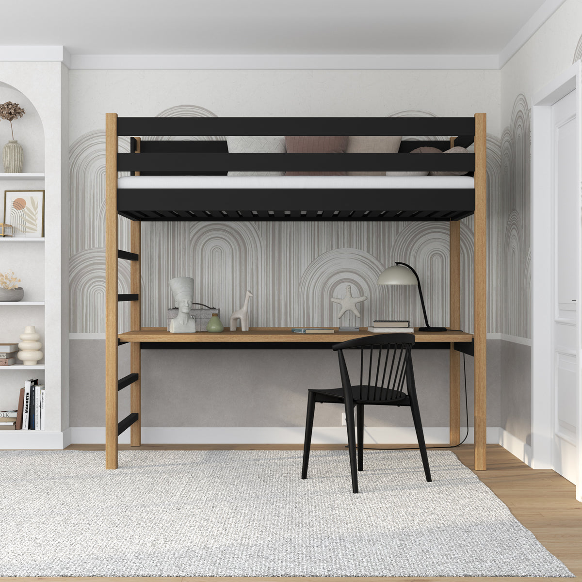 Loft bed black/oak with desk – study space under the sleeping area, wooden