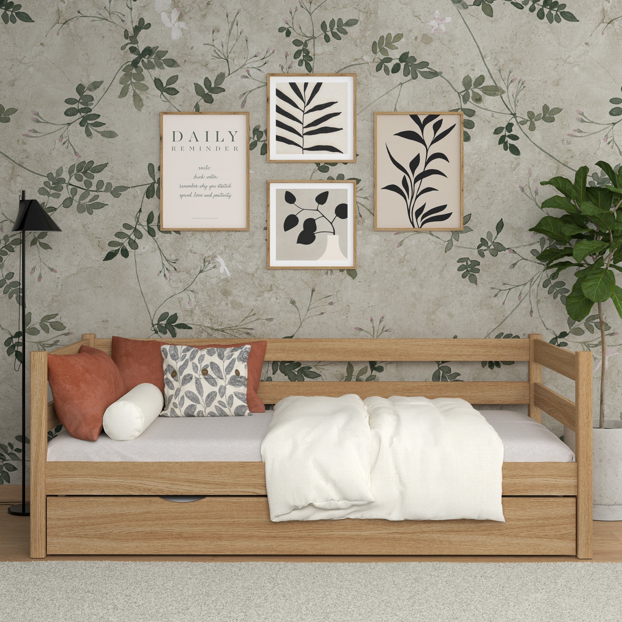 Łóżko sofa z szufladą na materac N01 dąb naturalny – widok z boku, solidna konstrukcja drewniana