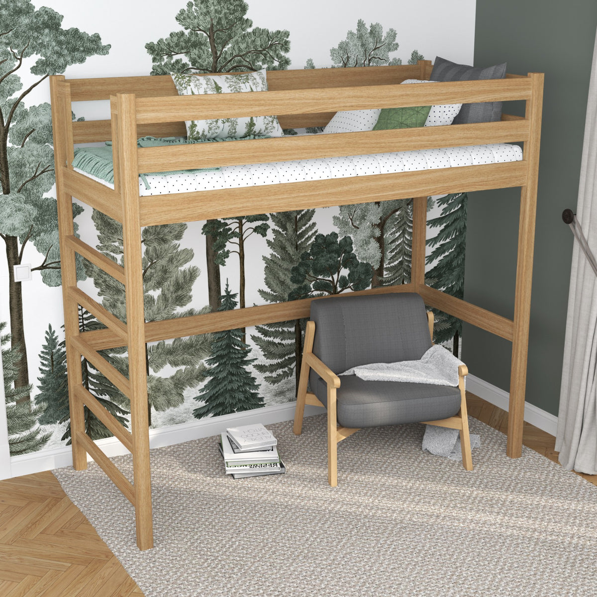 Łóżko na antresoli N01 dąb naturalny – widok w aranżacji wnętrza