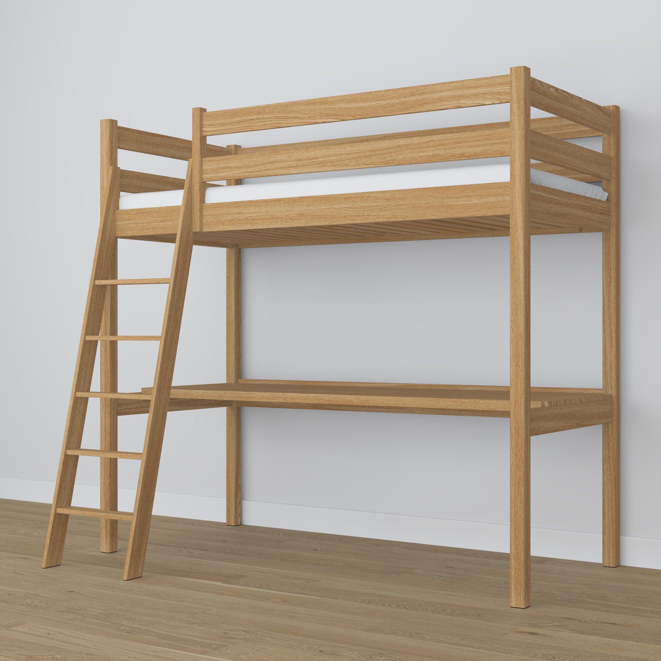 Natural Oak Loft Bed with Desk – Frame and Slats, Nizio