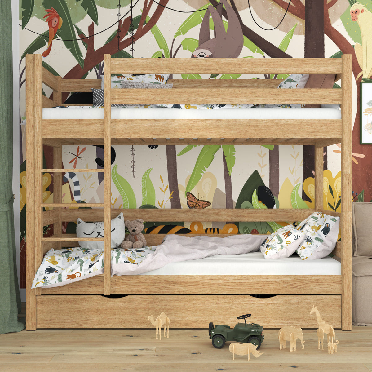 Oak Bunk Bed Natural Oak – Open Drawer, Spacious Storage Under the Bed