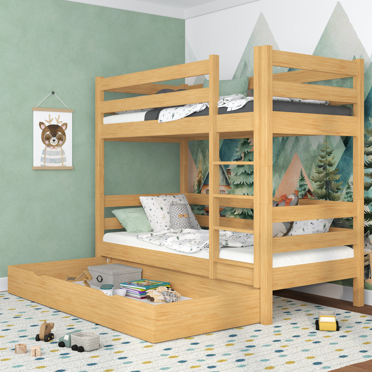 Letto a castello in legno pino naturale – cassetto aperto, capiente vano sotto letto