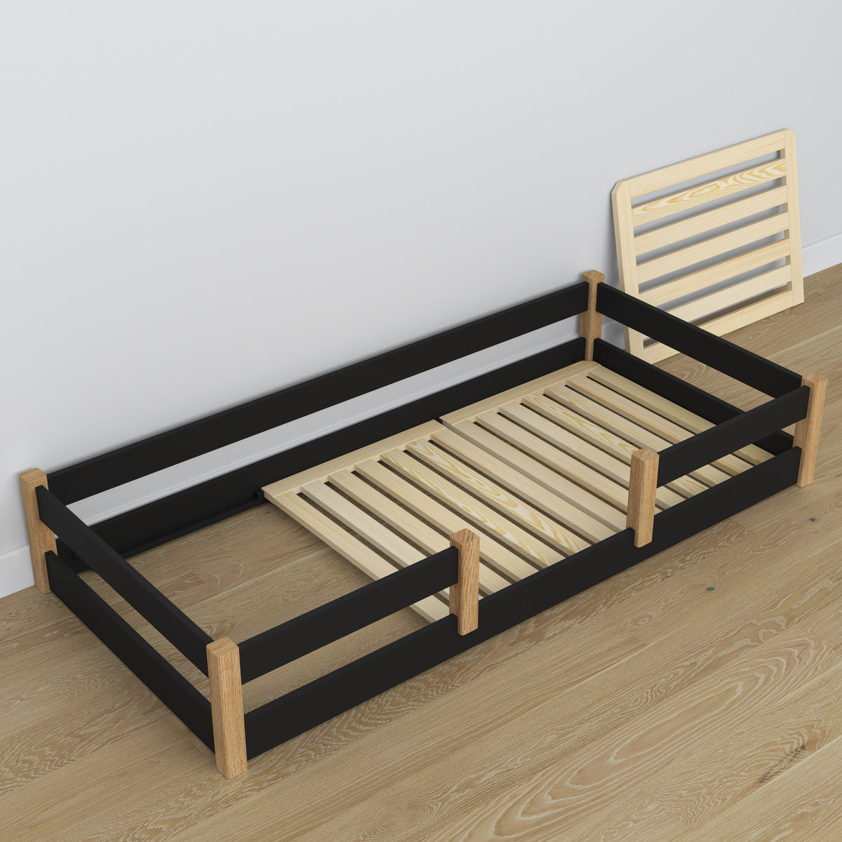 Letto basso nero-quercia in legno – dimensioni e schema, Nizio