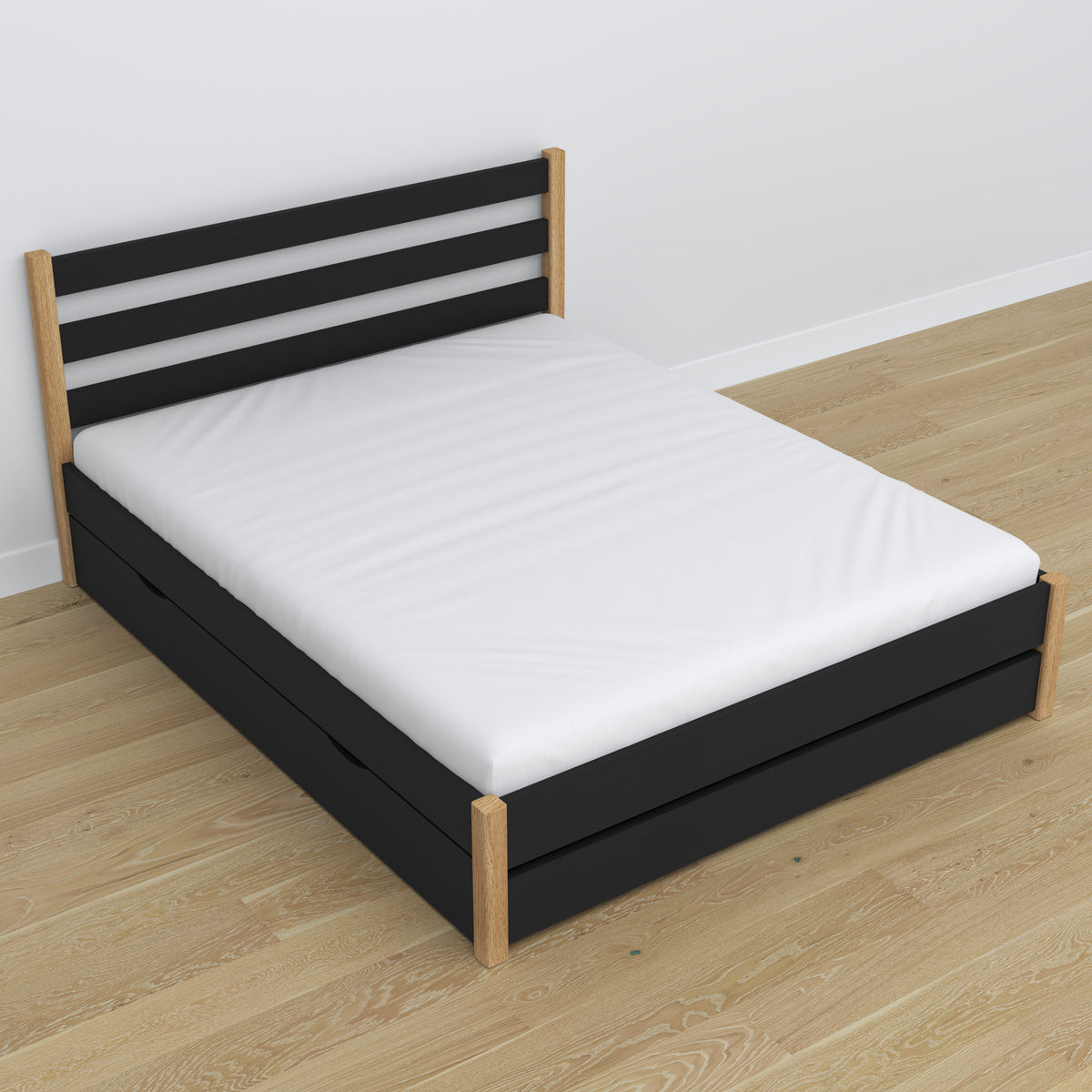 Double bed black and oak made of wood – angled side view, Scandinavian bedroom