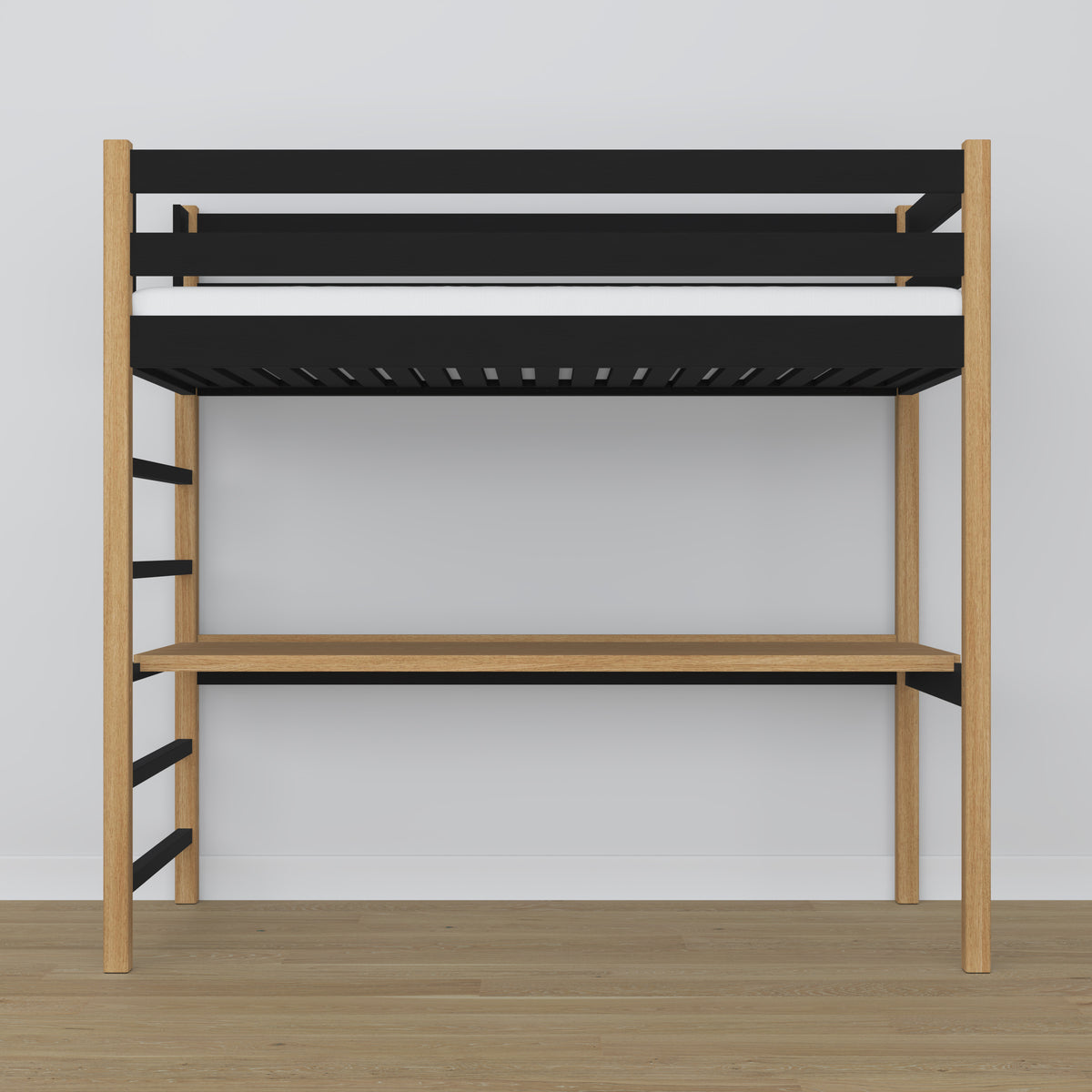 Black and Oak Wooden Loft Bed with Desk – Frame and Slats, Nizio