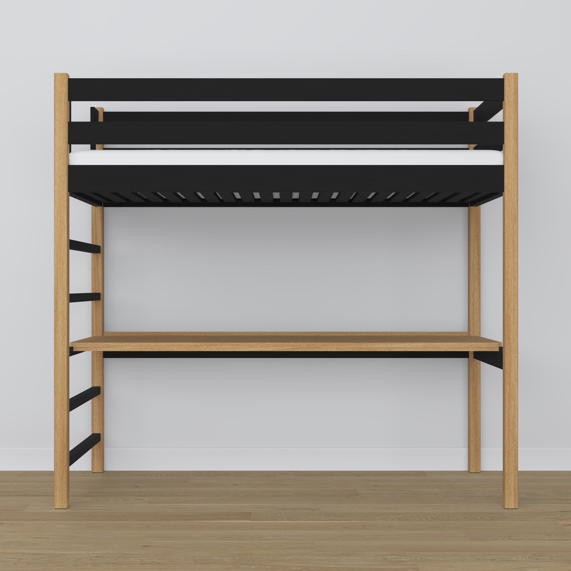 Black and Oak Wooden Loft Bed with Desk – Frame and Slats, Nizio