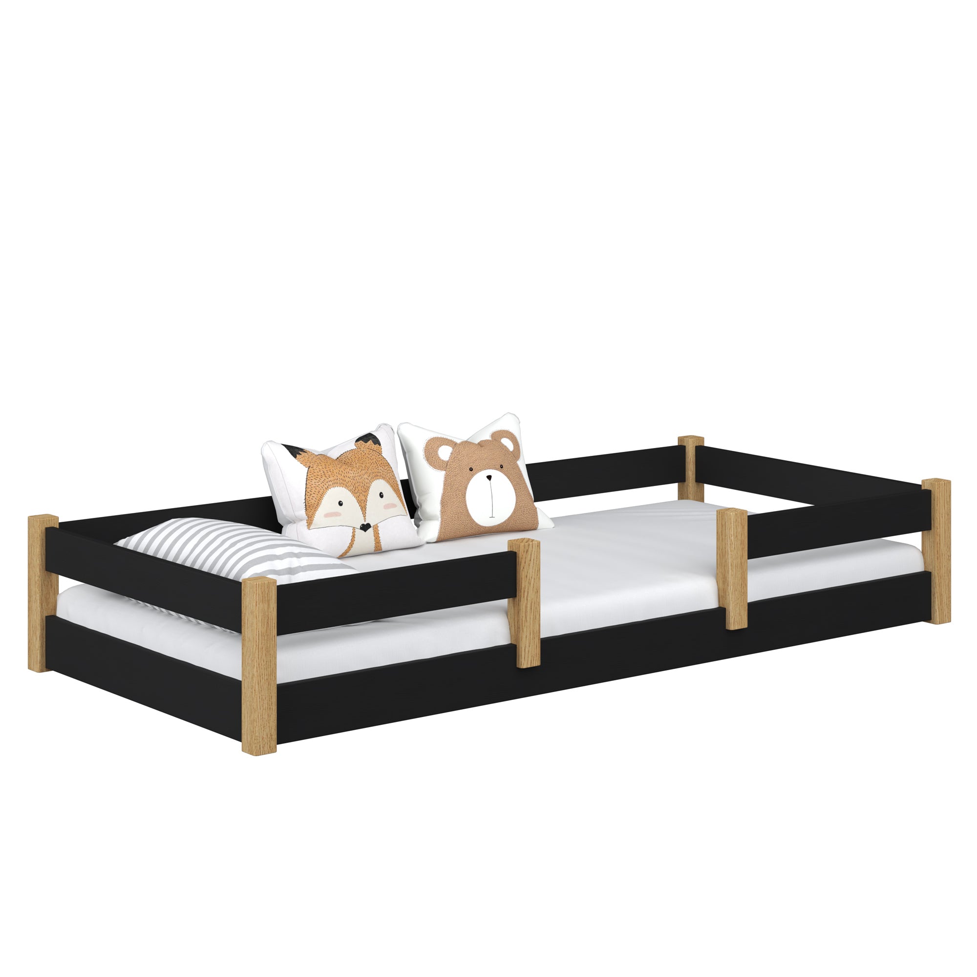 Letto basso in legno nero-quercia – della camera da lettoa, legno massello, stile scandinavo Nizio