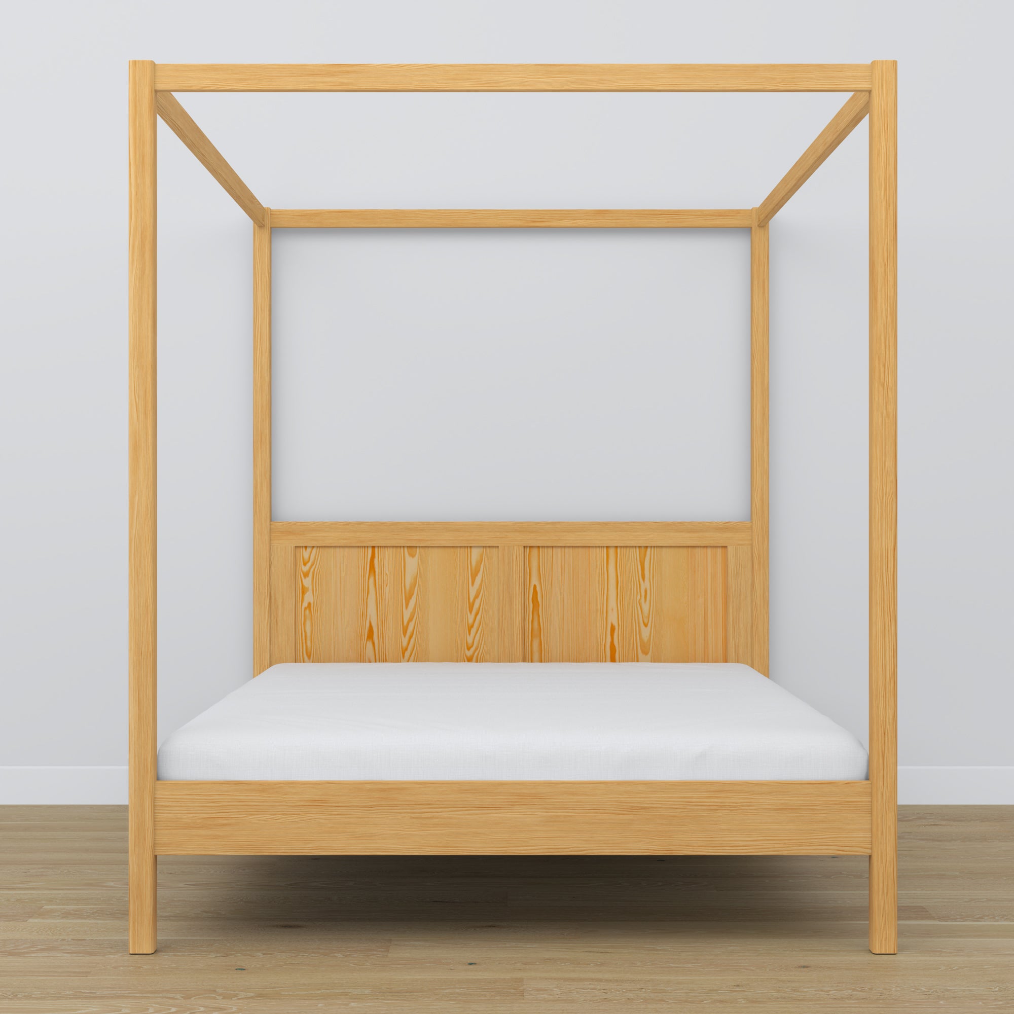 Wooden double bed with canopy natural pine – headboard and frame, close-up