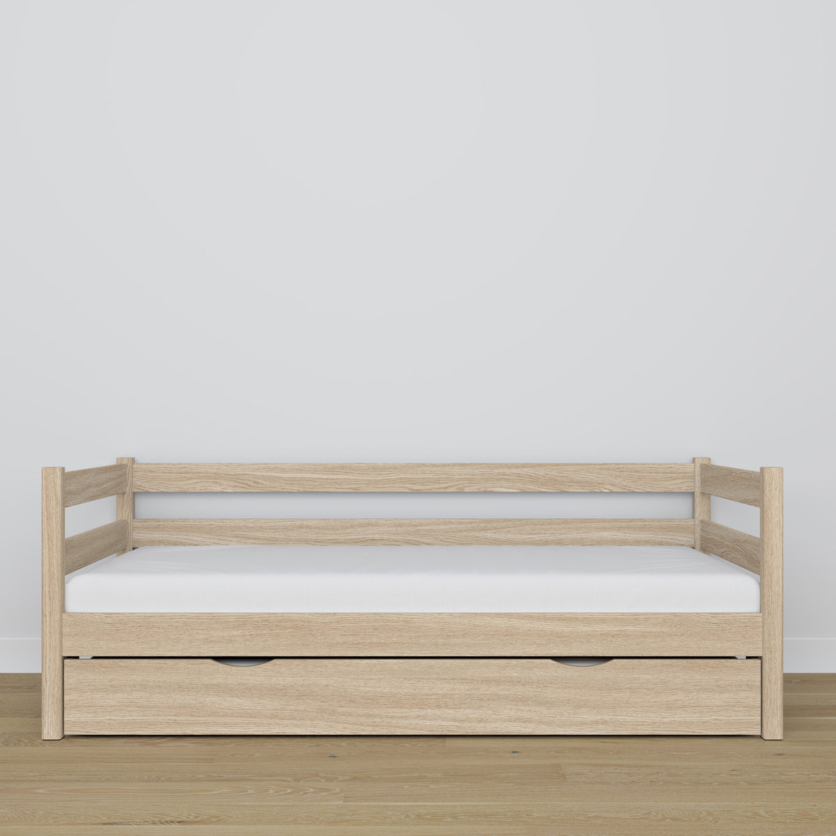 Bleached oak sofa bed with mattress drawer made of oak – dimensions, Nizio