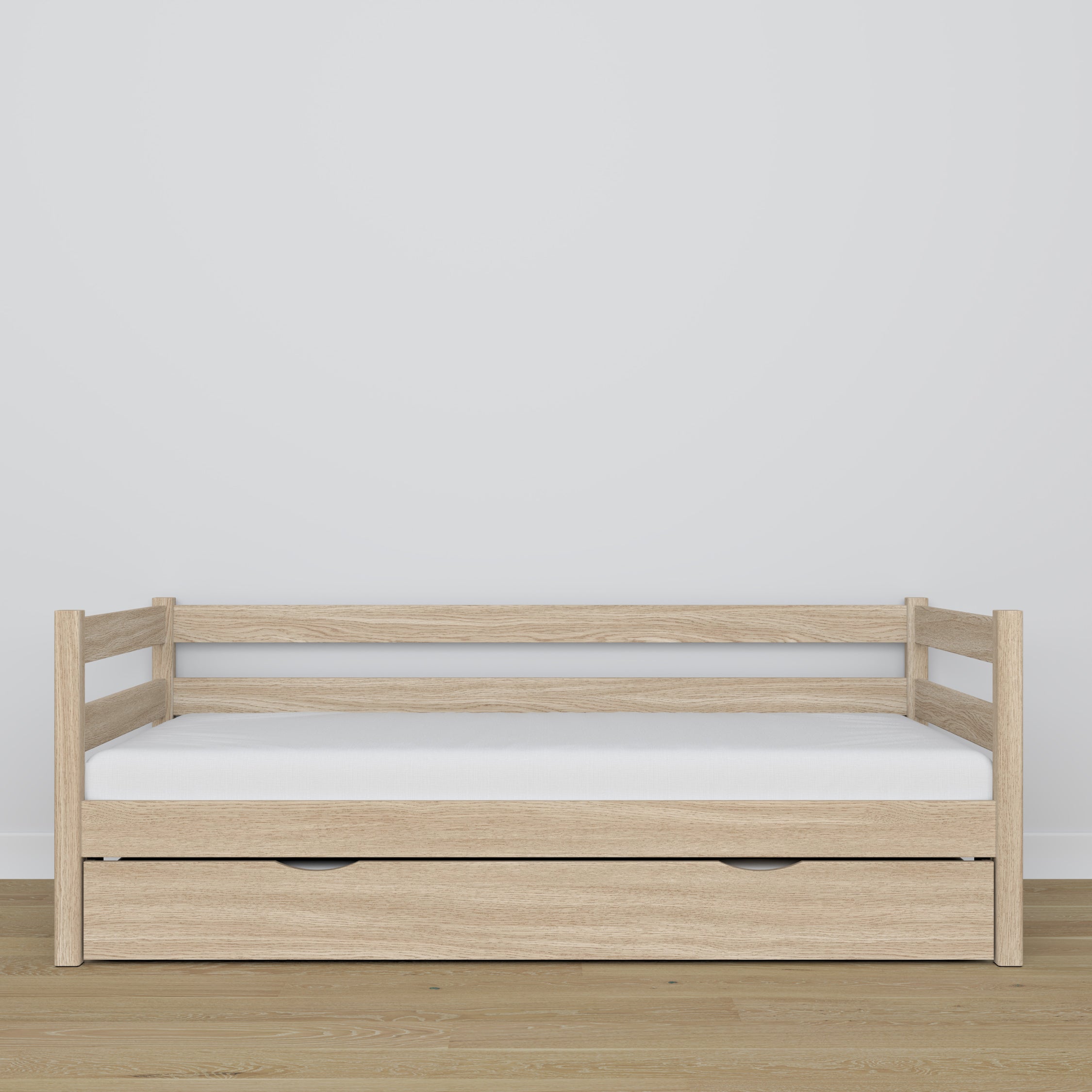 Bleached oak sofa bed with mattress drawer made of oak – dimensions, Nizio