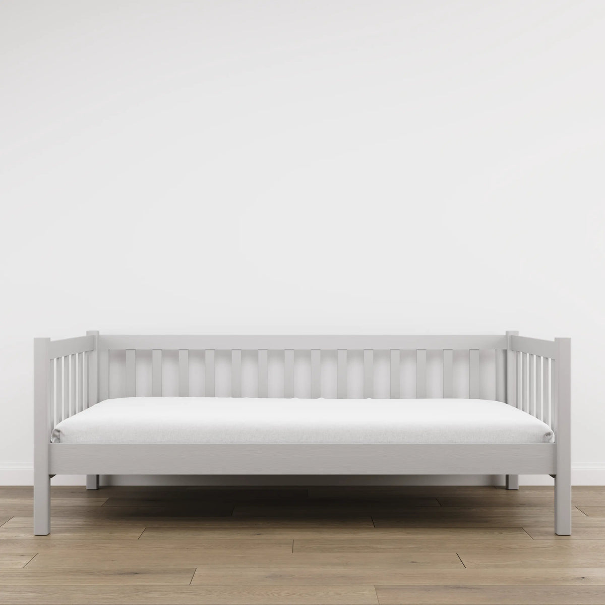 Letto divano in legno grigio – vista laterale, volume del mobile del mobile e proporzioni del mobile