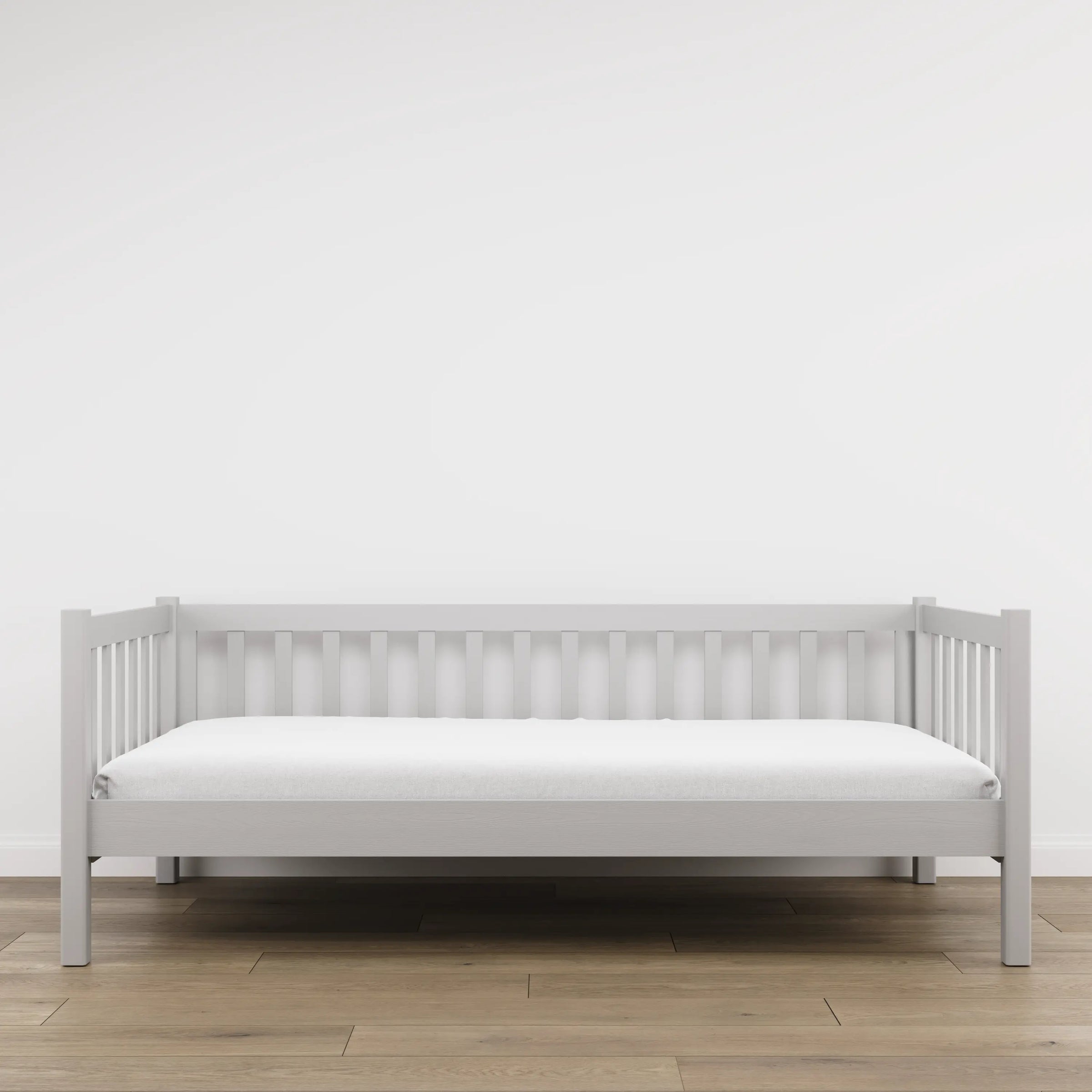 Letto divano in legno grigio – vista laterale, volume del mobile del mobile e proporzioni del mobile