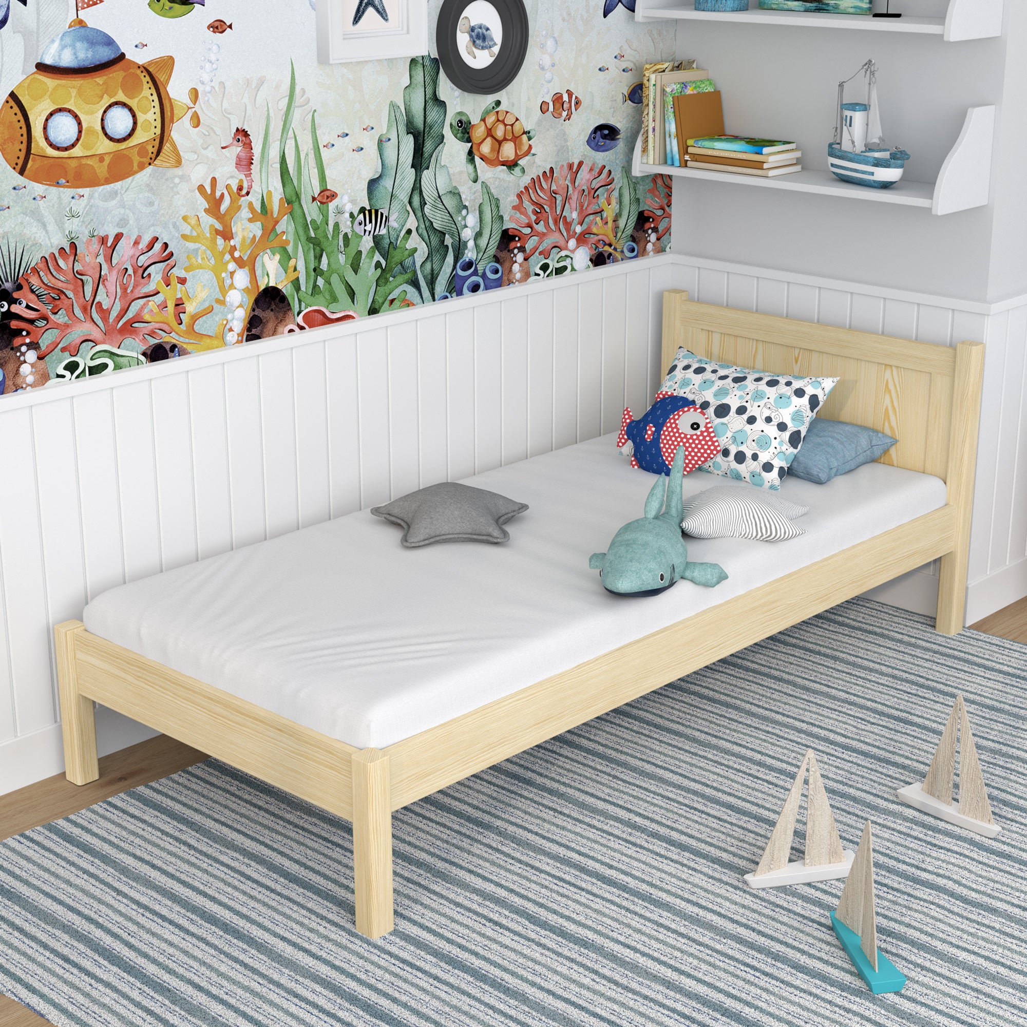 Single wooden bed clear pine – side view, furniture proportions