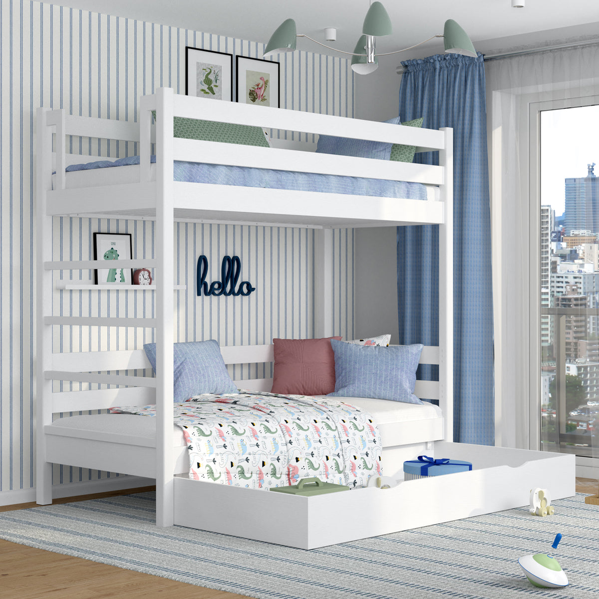 White Wooden Bunk Bed with Drawer – Children’s Room, Solid Wood, Scandi