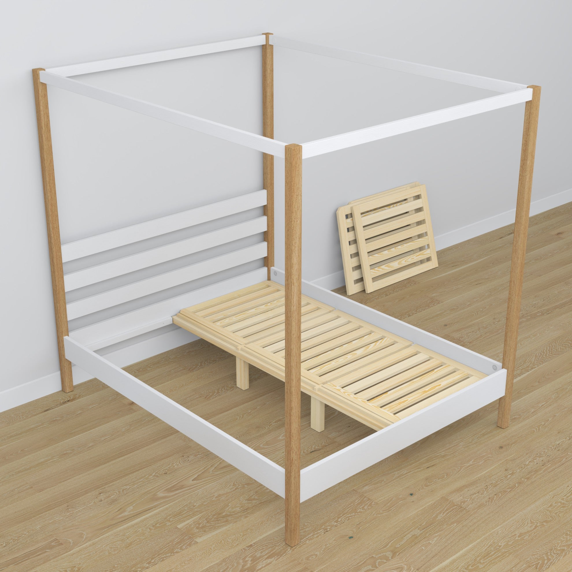 Letto con baldacchino bianco-quercia in legno – vista laterale, stile scandi