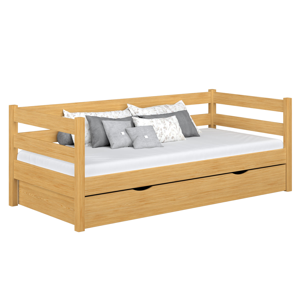 Letto divano con cassetto in legno pino naturale – stanza per bambini, stile scandi Nizio