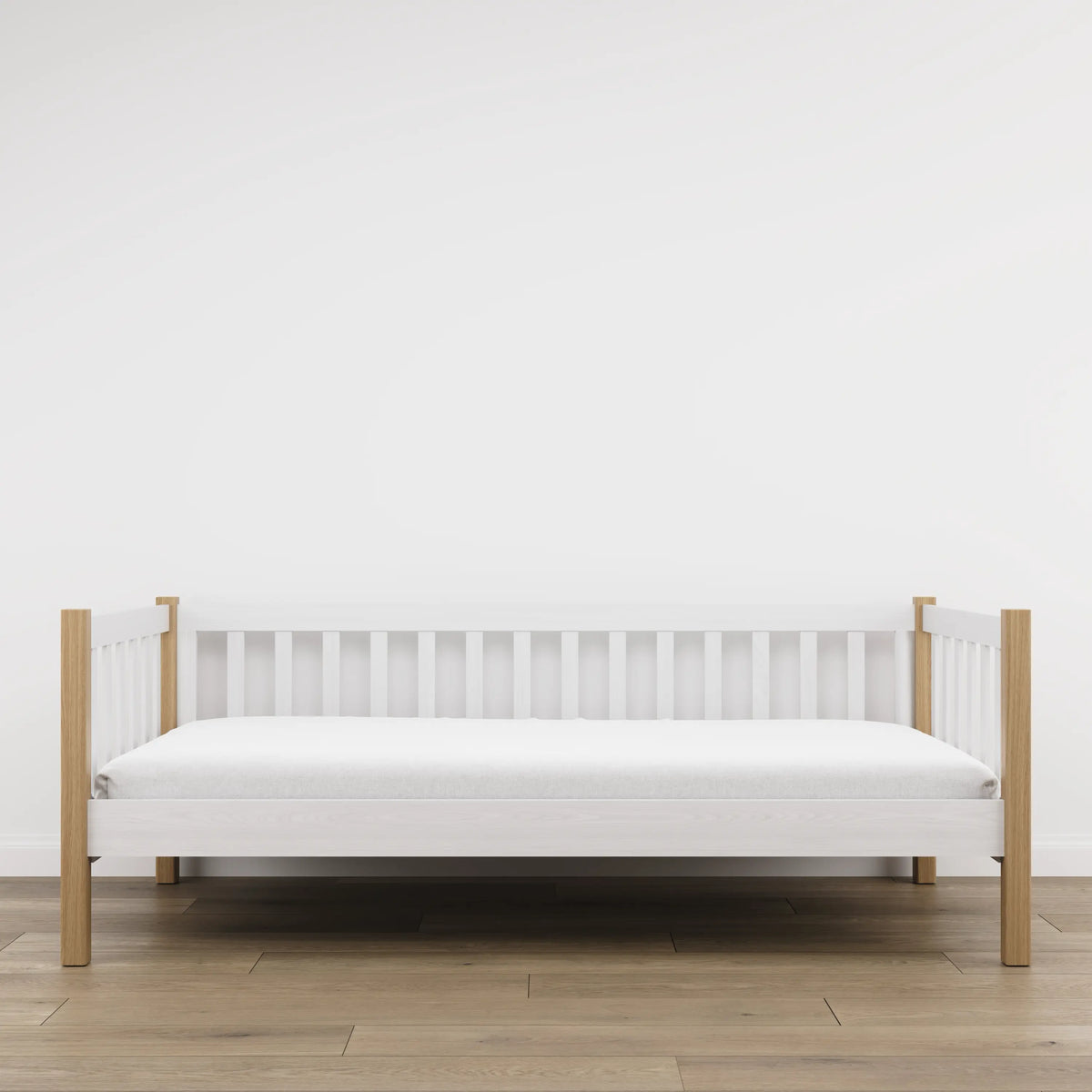 Letto divano in legno bianco con quercia – vista laterale, volume del mobile del mobile e proporzioni del mobile