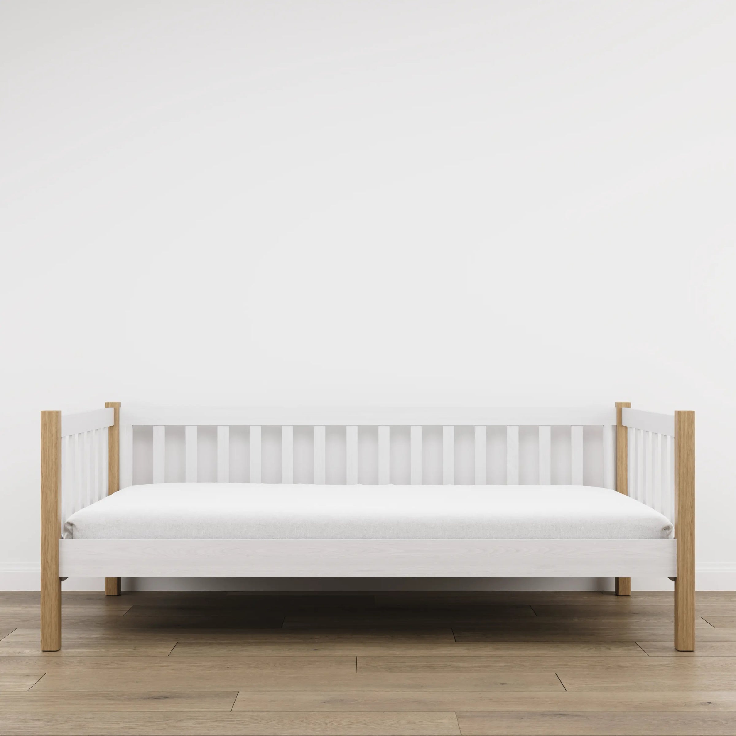 Letto divano in legno bianco con quercia – vista laterale, volume del mobile del mobile e proporzioni del mobile