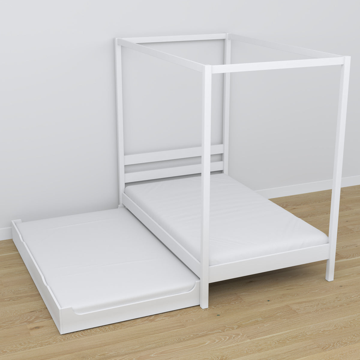 Letto bianco con baldacchino – dettaglio in legno, dettaglio, Nizio Home