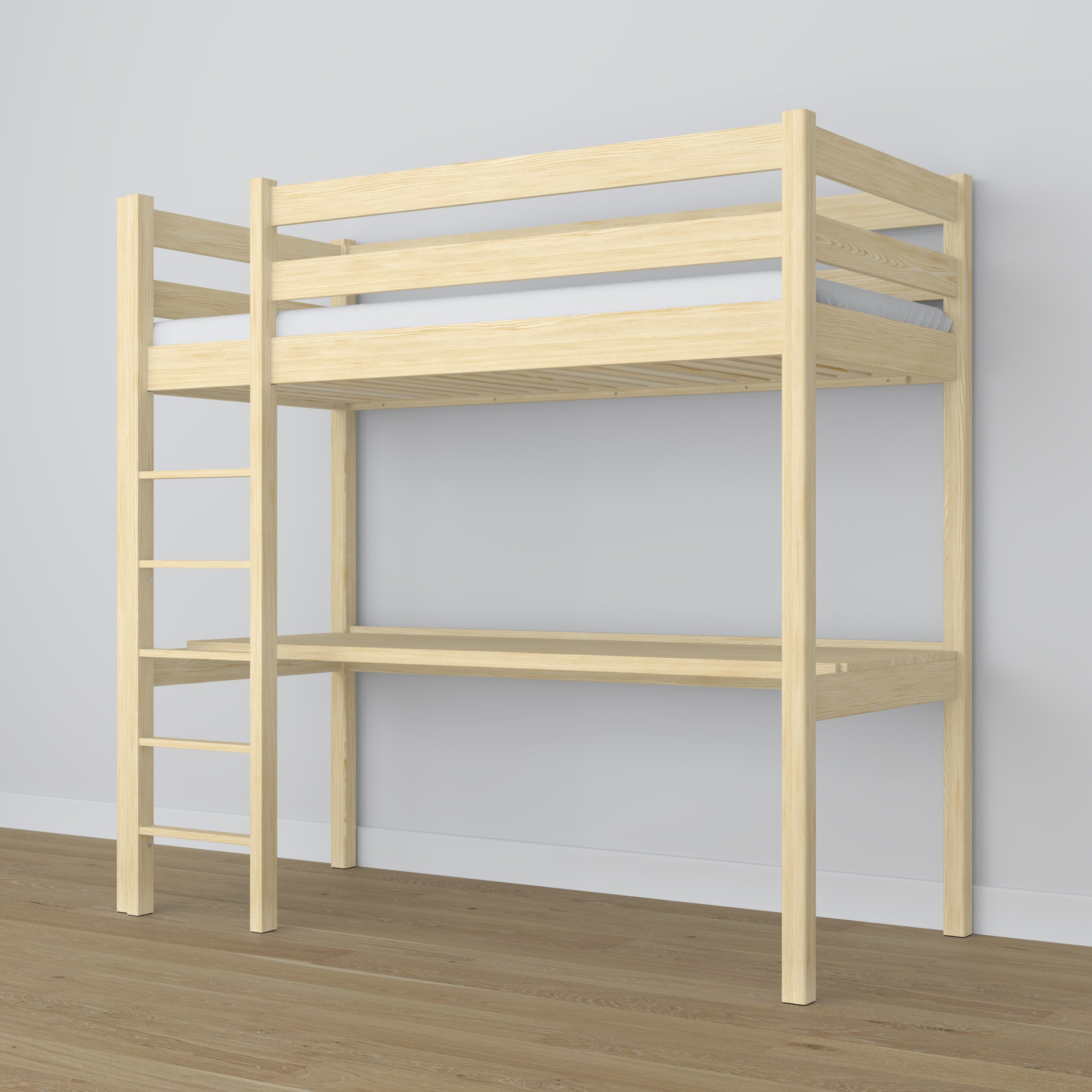 Clear Pine Wooden Loft Bed with Desk – Ladder and Safety Rail