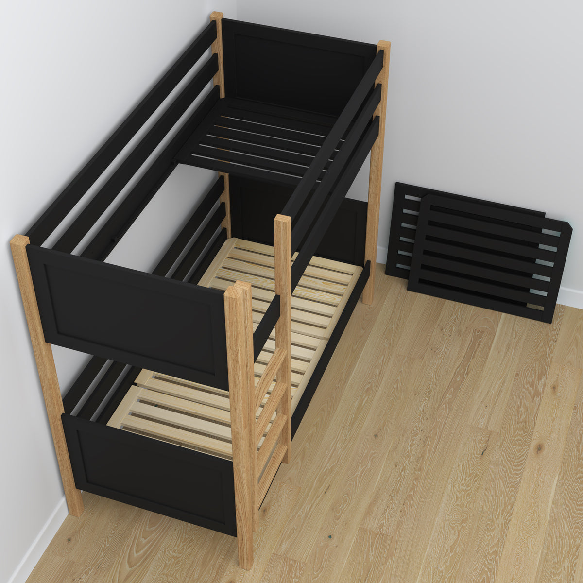 Bunk Bed with Mattress Drawer Black and Oak Wooden – Solid Wood, Scandi Style