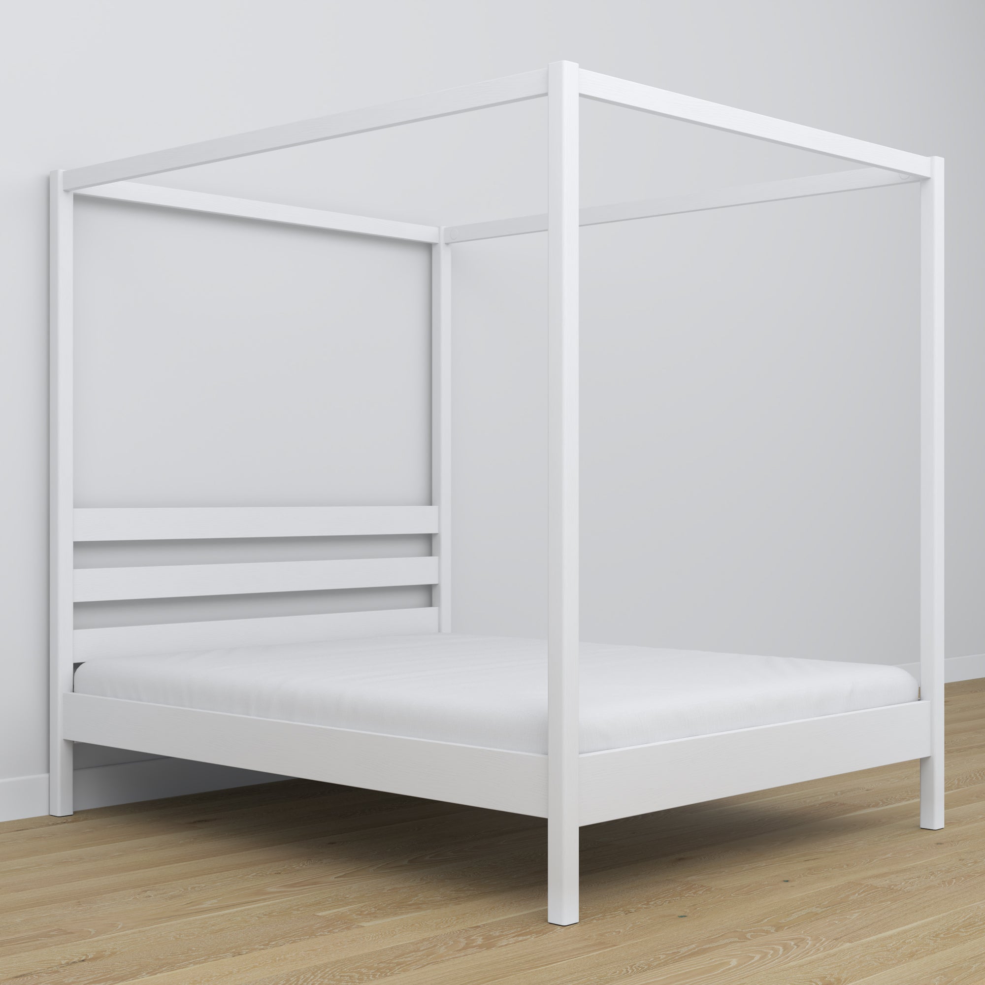Letto matrimoniale bianco con baldacchino – cornice decorativa in legno, scandi