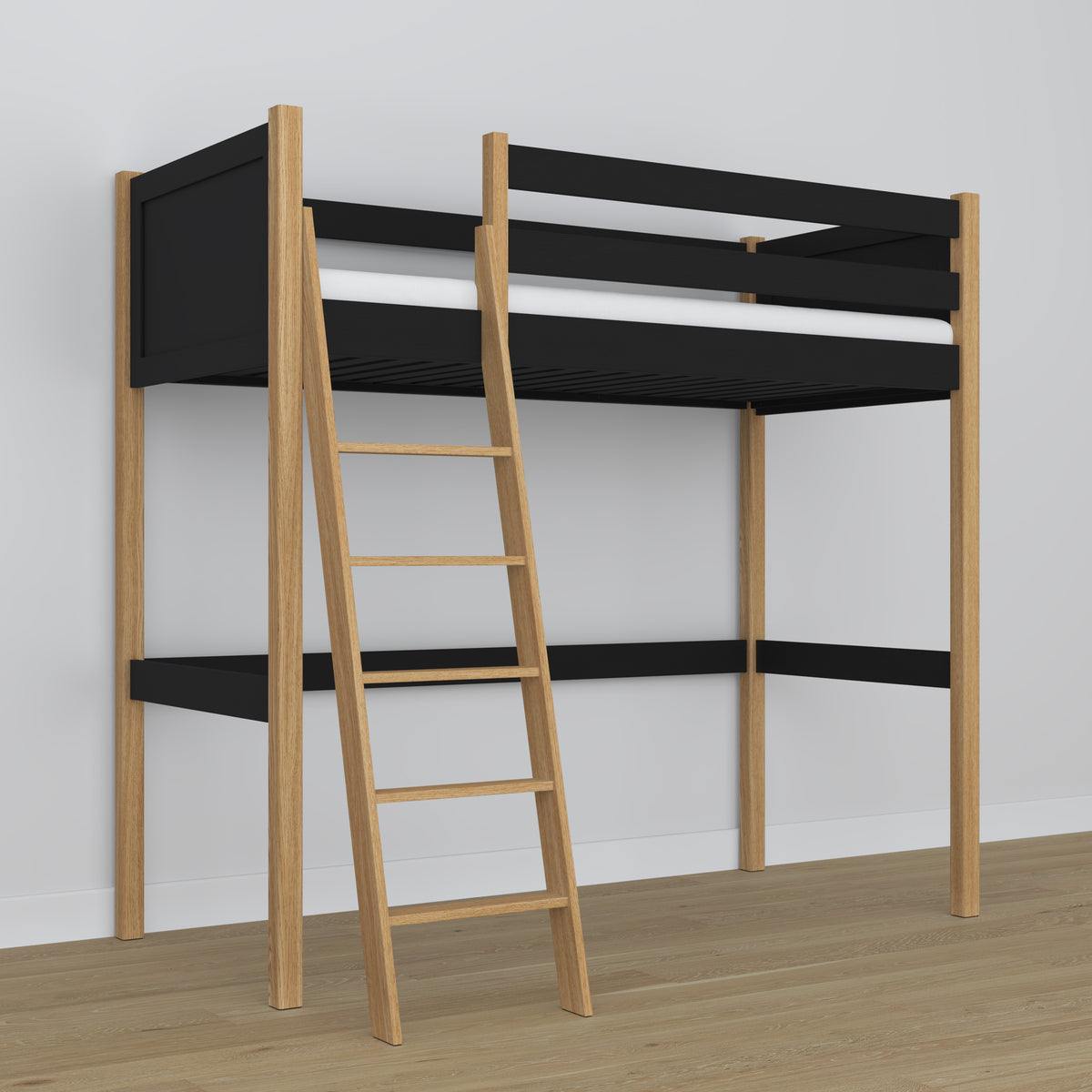 Letto a soppalco in legno nero-quercia – dettaglio giunzioni e scala, Nizio Home