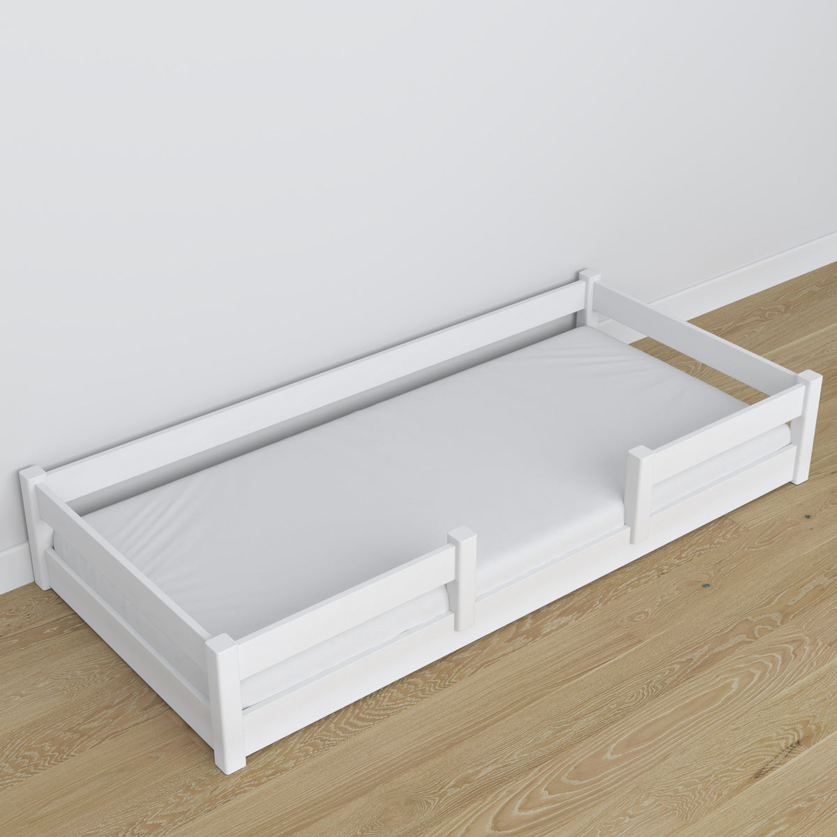 Letto basso in legno bianco – dettaglio giunzioni, Nizio Home