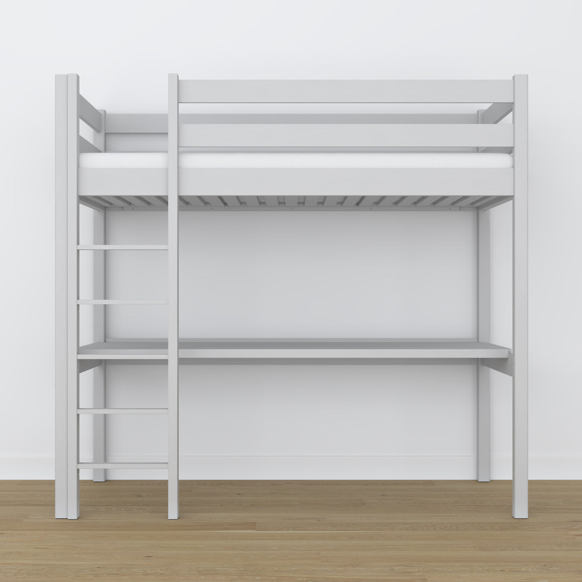 Loft bed grey wooden – top view of the sleeping area, Nizio